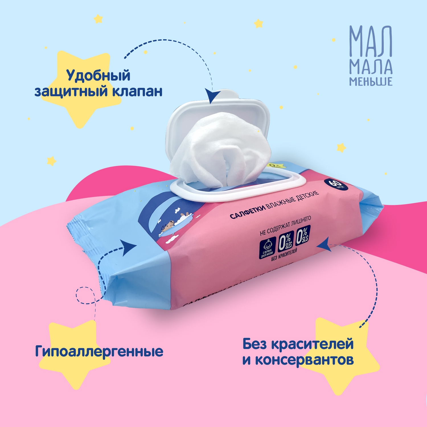Мал Мала Меньше салфетки детские очищающие пластиковый клапан № 60