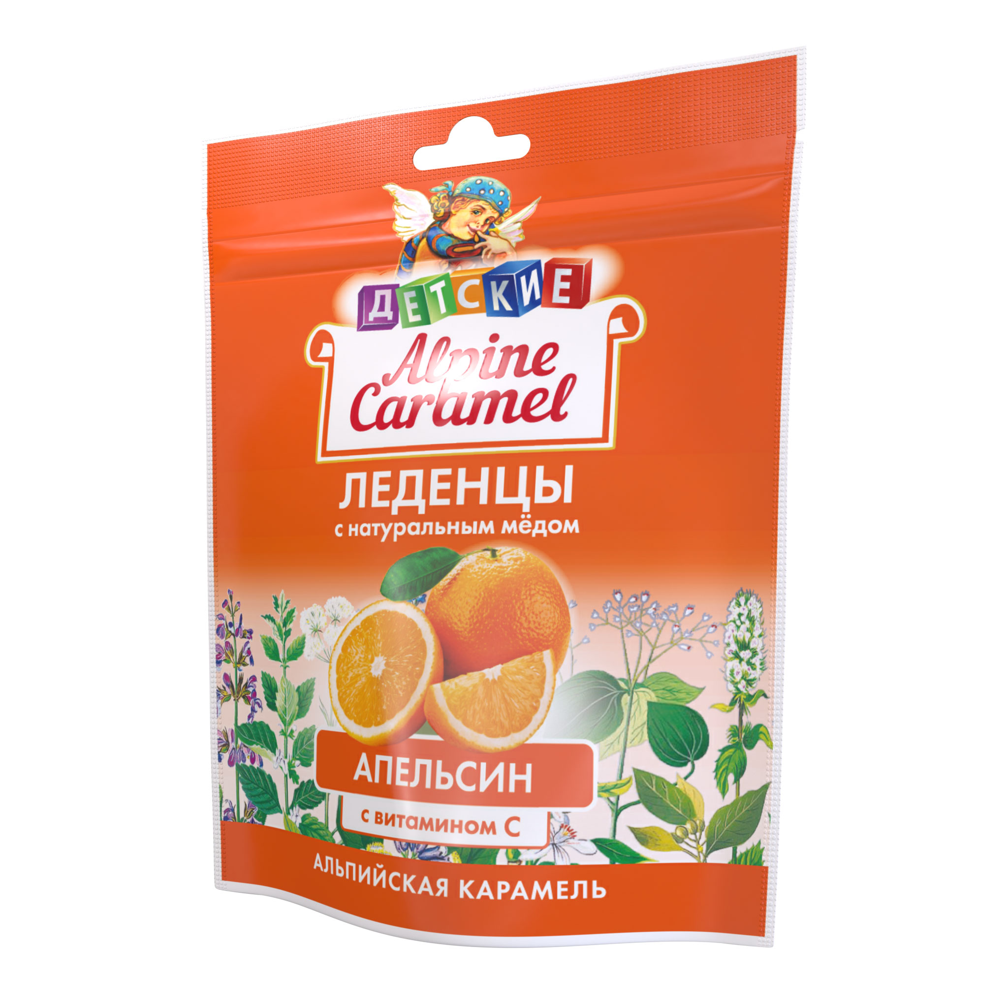 Альпийская карамель леденцы детские с натуральным медом и витамином С вкус апельсин 75г