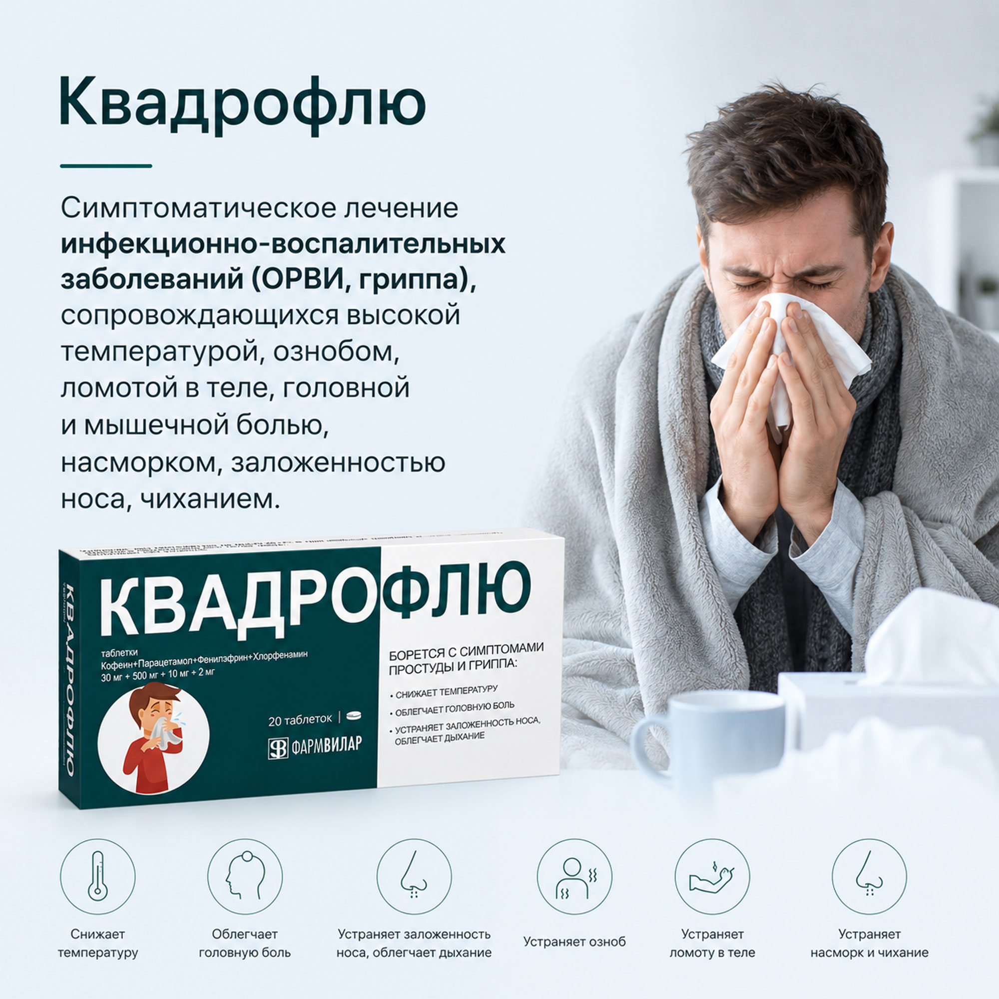 Квадрофлю таблетки 30мг+500мг+10мг+2мг № 20