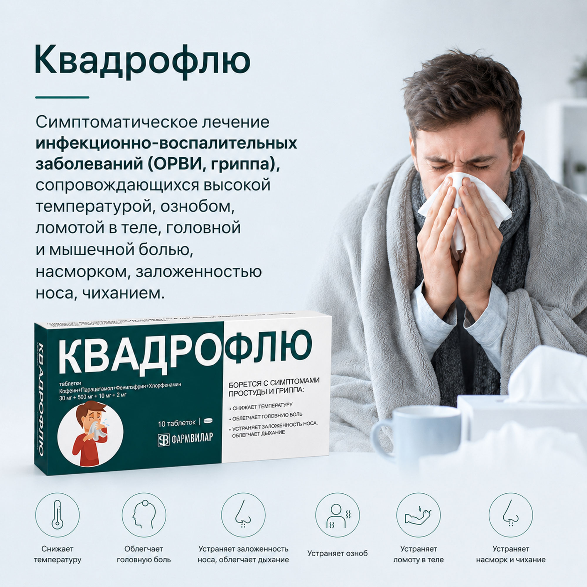 Квадрофлю таблетки 30 мг+500 мг+10 мг+2 мг N10