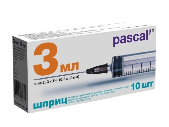 Шприц Луер одноразовый трехкомпонентный 3мл игла 23G 06х30мм № 10