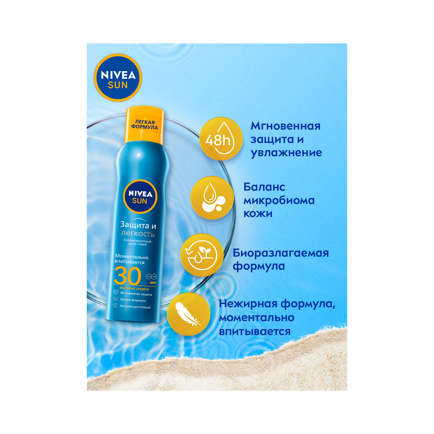 Нивея Сан сухой спрей Защита и Легкость SPF30 200мл 80476